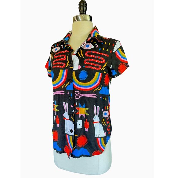 NOOWORKS Magic by Lisa Congdon print Joyce top blouse shirt, XS, dopamine - Picture 5 of 5